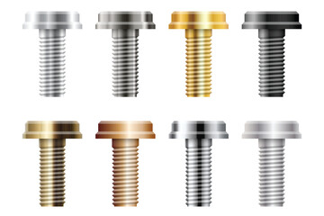 Varied metal screws on a white background: silver, gold, bronze, and black. Diverse fasteners for secure joining in various materials.