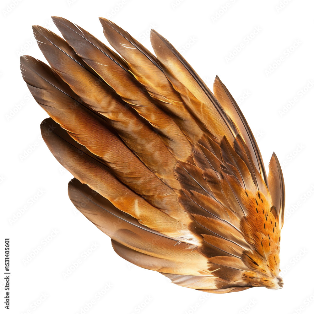 Poster feathers in various shades of brown and orange, showcasing intricate patterns and textures, create s