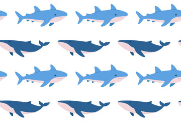 Mixed seamless pattern with sharks and orcas swimming together. Great for marine projects, children’s products and wallpaper