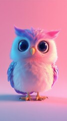 Cute, fluffy owl with big eyes, vibrant pink and blue gradient