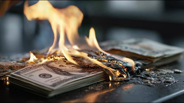 Slow motion cinematic shot of burning US dollar bills in flames, symbolizing financial collapse, crisis, corruption and economic waste on a dark background
