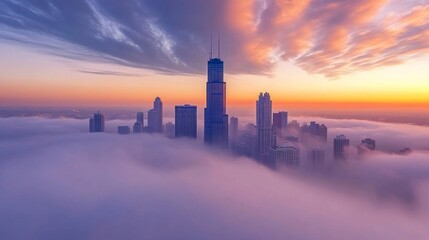 Naklejka premium Fog Shrouded Cityscape at Sunrise with Towering Buildings in Melbourne Australia
