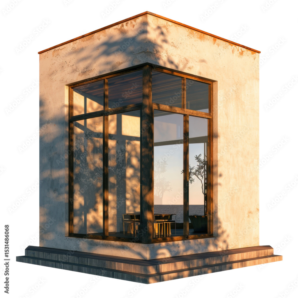 Poster modern architectural structure featuring cube shape with large glass windows, showcasing warm sunset