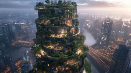 Obraz premium Futuristic Green Architecture with Towering Building and Urban City at Twilight