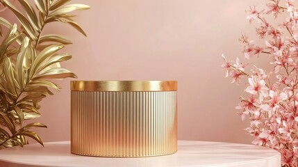 Gold round box with horizontal grooves on the table, pink background, flowers and plants, soft lighting