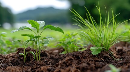 Young plants emerge through the soil in an open field, symbolizing new growth and vitality following recent rainfall