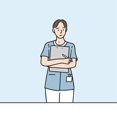 A female nurse is standing with a medical chart in her arms. Hand-drawn medical person vector elements