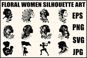 Fototapeta premium Floral Woman Silhouette Vector Bundle