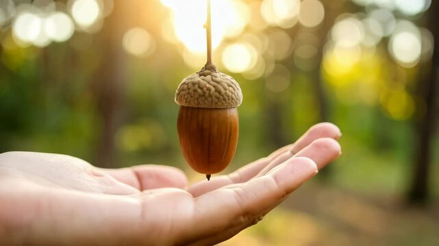 Acorn held in hand with forest bokeh background in warm sunlight symbolizing growth and nature appreciation