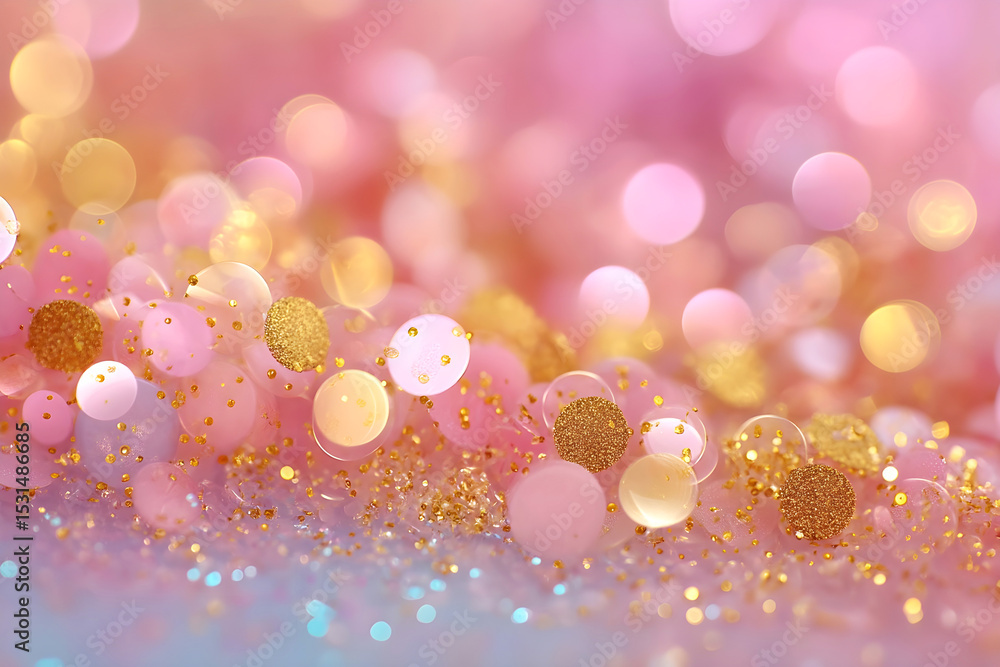 Poster soft pink and gold bokeh background with sparkling glitter and delicate floral elements creating a d