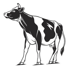 Monochrome art shows a Holstein cow standing on grass in side profile