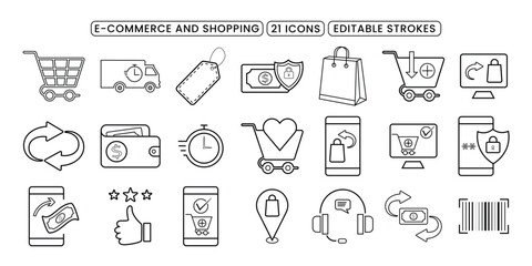 Fototapeta premium E-commerce and Shopping Vector Icon Set. Editable Stroke Icons Representing Online Shopping, Retail, and Digital Transactions