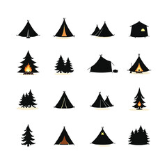 Fototapeta premium Camping elements set silhouettes tents trees campfire