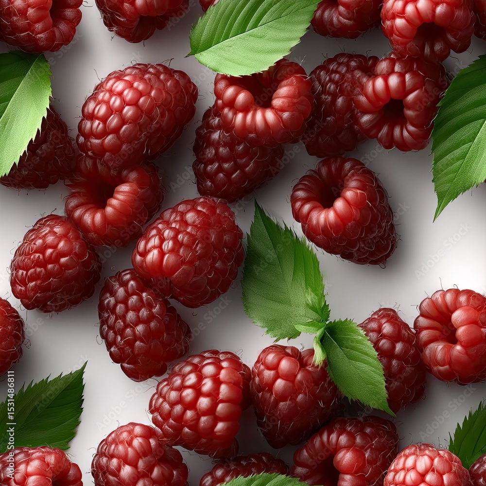 Poster close-up view of ripe red raspberries scattered with fresh mint leaves, showcasing a colorful fruit 