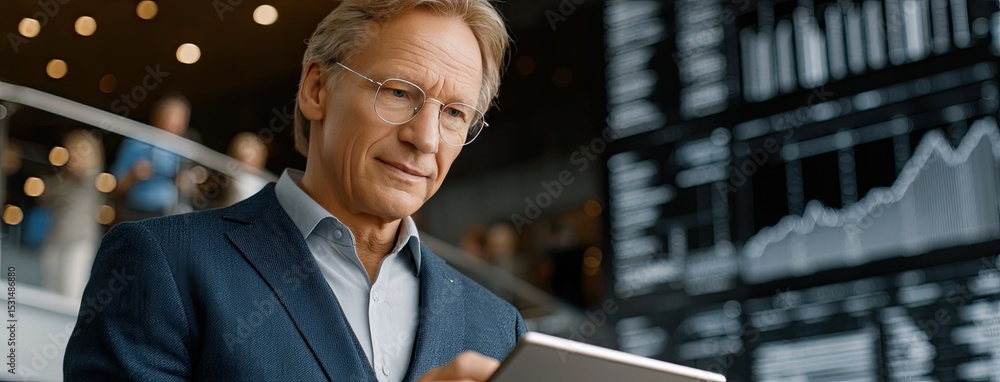 Poster man in suit engages with tablet, generating a complex neural network hologram in a sleek office sett