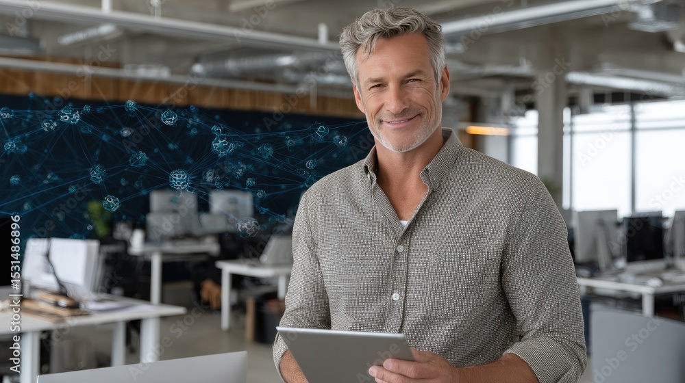 Poster man in suit engages with tablet, generating a complex neural network hologram in a sleek office sett