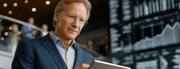 Man in suit engages with tablet, generating a complex neural network hologram in a sleek office setting during daytime