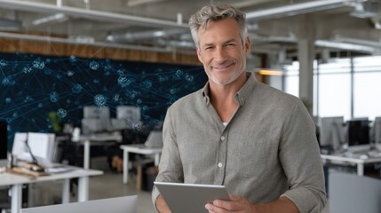 Man in suit engages with tablet, generating a complex neural network hologram in a sleek office setting during daytime