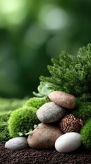Mossy stones and fallen leaves create a lush backdrop perfect for highlighting beauty products in a vibrant, serene setting