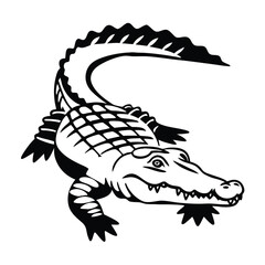 Monochrome crocodile showcases patterned scales, curved tail, sharp teeth, and distinctive features