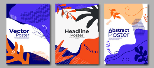 Creative concept of poster with leafs and botanical elements. Set with abstract tropical leaves. Modern art minimalist style design templates for banner, cover, label, poster.