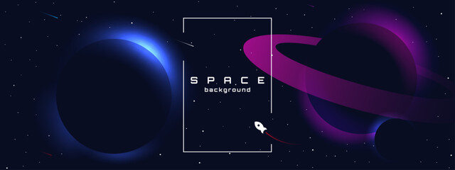 Flat style space horizontal wallpaper. Abstract concept. Vector illustration. Gradient planets with shadows. Space exploration. Design elements for web.