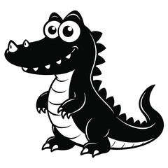 Monochrome cute cartoon alligator happily smiles with big eyes and playful spines throughout his back
