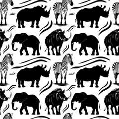 Seamless safari pattern with black and white silhouettes of zebras, elephants, rhinos, and antelopes in hand drawn style on a white background