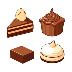 Vector set of four chocolate desserts on white background – slice of chocolate cake, cupcake, chocolate cookie, and cookie with meringue topping – sweet clipart for Chocolate Day, kids, bakery, packag