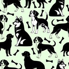 Seamless pattern with black and white huskies, beagles, and bones on a light green background in cartoon style