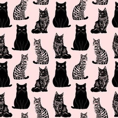 Seamless pattern with black and tabby cats in various poses on a pink background in minimal monochrome style © Anastasiia