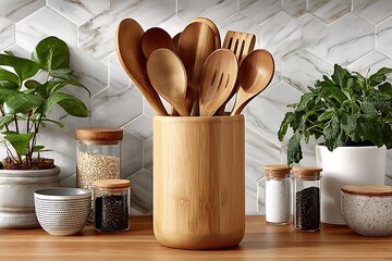 Wooden spatulas arranged in kitchen holder high resolution picture