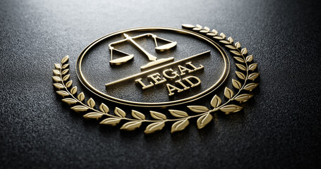 Fototapeta na wymiar Legal AID: Golden Icon with Scales of Justice and text. Legal Concept