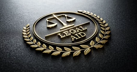 Gordijnen Legal AID: Golden Icon with Scales of Justice and text. Legal Concept © Sikov