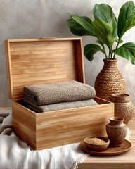 Wooden storage box beside ceramic jar high resolution picture