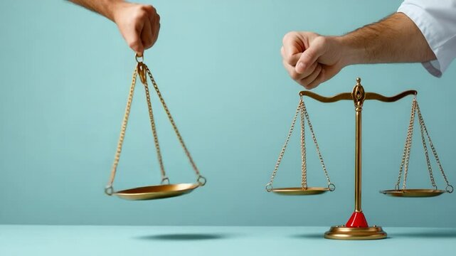Scale of justice with a hand about to strike a balance disturbance