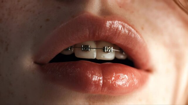Smiling woman with dental braces on yellow background, closeup