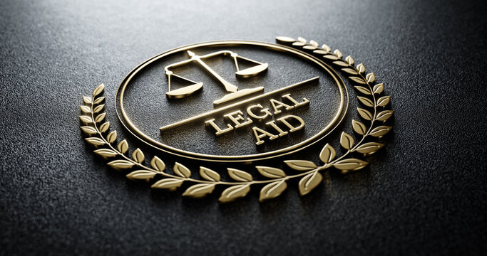 Legal AID: Golden Icon with Scales of Justice and text. Legal Concept