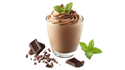 A creamy chocolate mousse in a glass cup garnished with mint leaves and dark chocolate shavings isolated on white background 