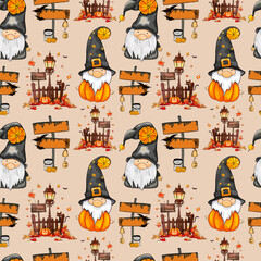Seamless Halloween pattern with gnomes, wooden signs, haunted houses, pumpkins, and spooky elements on a beige background