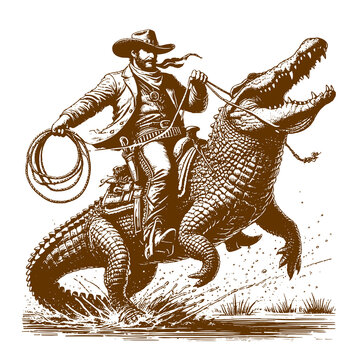 Cowboy Riding Crocodile Wild West Vector Illustration