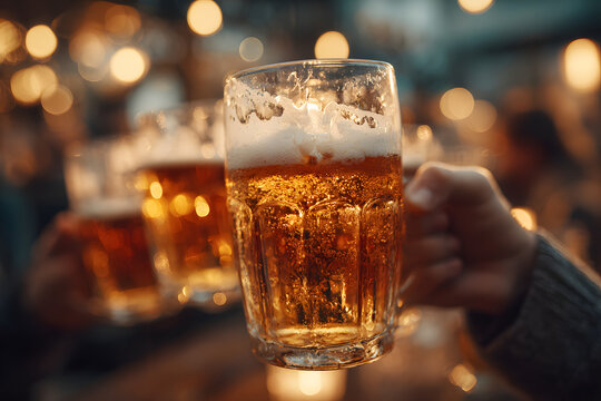 Cold glasses of beer in a bar. International beer day.