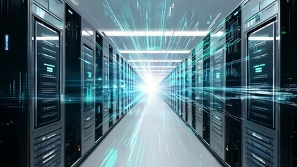 Futuristic data center with dynamic light trails and advanced technology servers - Powered by Adobe
