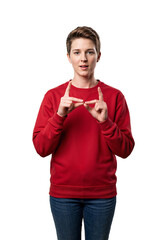 Deaf person signing with friend while wearing a red sweatshirt 