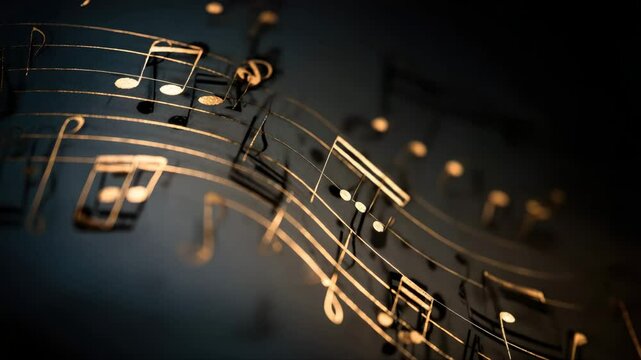 Music notes on dark background, bokeh effect