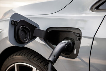 Car electric charger connected to the socket charges the car. Green energy.