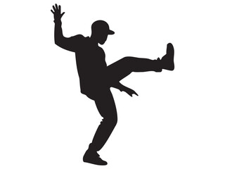 Black silhouette of dancing man in energetic pose, isolated on white background, graphic illustration. concept of movement, dance, energy, human form, design element