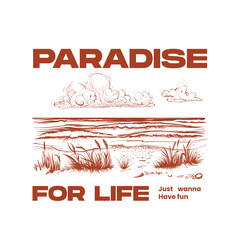 Beach Paradise Vintage T-Shirt Design – Coastal Landscape Sketch Typography