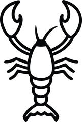 Outlined lobster drawing presents bold claws and distinct segmented body in monochrome style