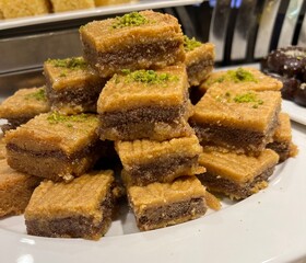 Traditional oriental dessert baklava with cashews, walnuts on a white porcelain plate